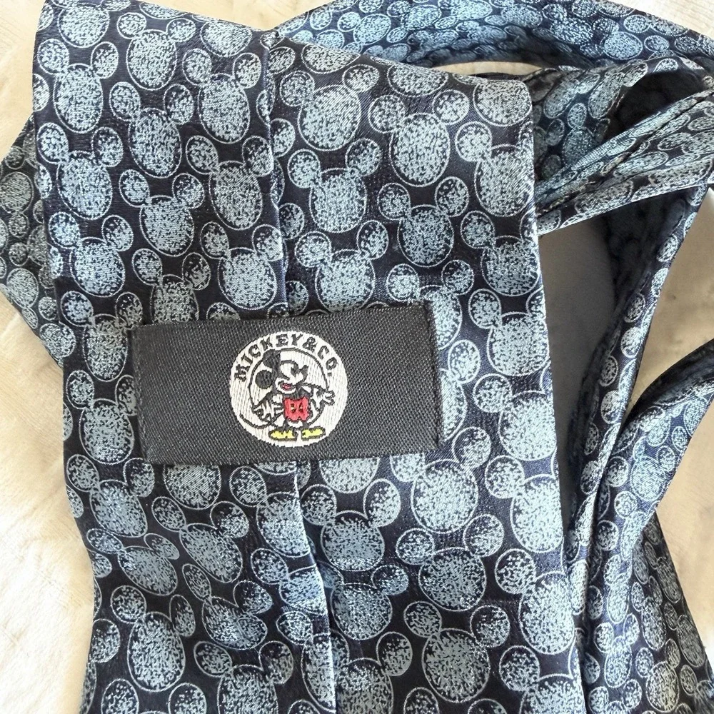 Vtg Mickey & Co Disney 100% Silk Neck Tie Blue‎ Black All Over Ear Print Korea
